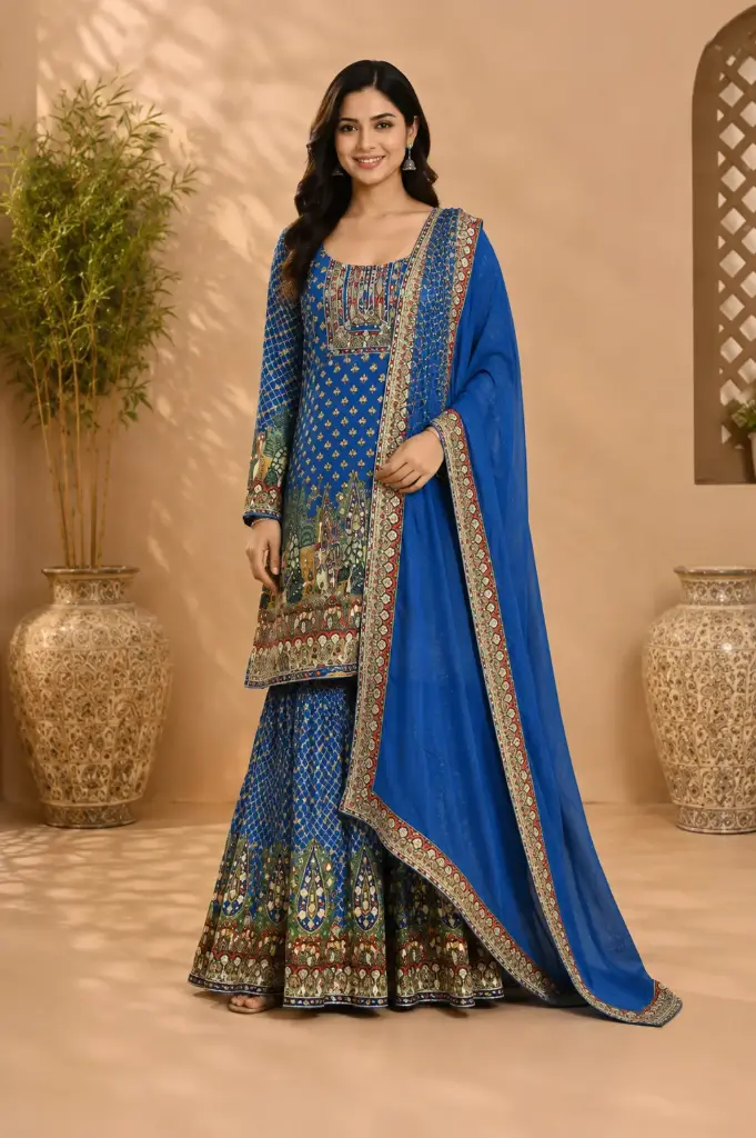 Women’s Royal Blue Printed Sharara Suit Set with Dupatta, Designer Ethnic Kurta Set with Intricate Border Work