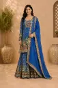 Women’s Royal Blue Printed Sharara Suit Set with Dupatta, Designer Ethnic Kurta Set with Intricate Border Work