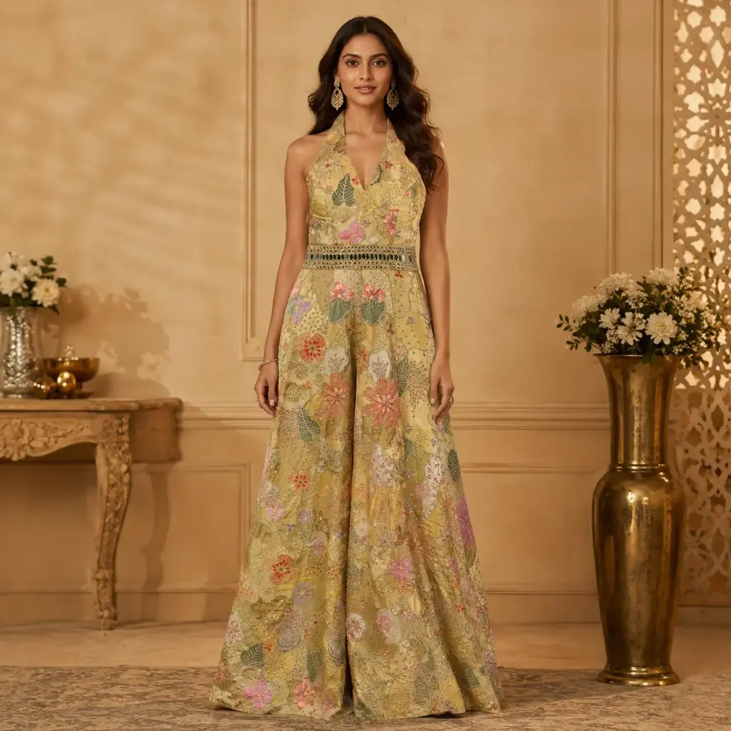 Golden Yellow Floral Embroidered Palazzo Jumpsuit with Halter Neck n Embellished Waist