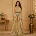 Golden Yellow Floral Embroidered Palazzo Jumpsuit with Halter Neck n Embellished Waist