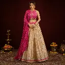 Women's Pink Embroidered Blouse with Gold Checked Lehenga and Crushed Dupatta