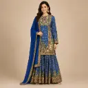 Royal Blue Printed Sharara Suit Set with Embroidered Kurta, Flared Sharara n Matching Dupatta 