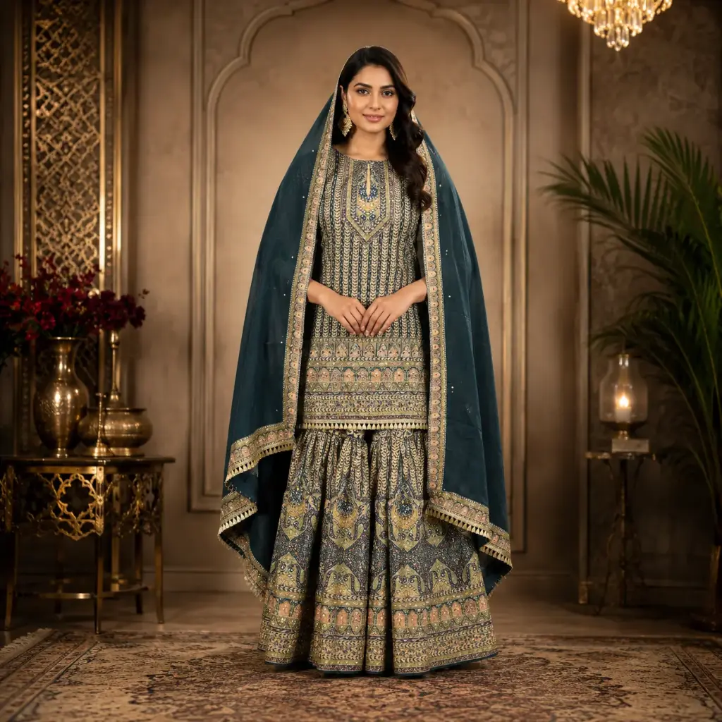 Traditional Printed Sharara Suit Set with Dupatta,Black Beige Ethnic Wear for Women