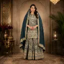 Traditional Printed Sharara Suit Set with Dupatta,Black Beige Ethnic Wear for Women