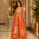 Orange Embroidered Crop Top Palazzo Set for Women with Sheer Shrug