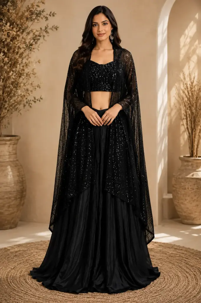 Black Indo-Western Sequin Crop Top with Long Cape and Flared Palazzo Set, Glamorous Party n Evening Wear for Women