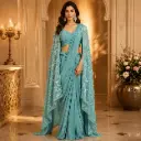 Sea Green Designer Saree with Embroidered Shrug n Draped Crop Top