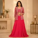 Women's Rani Pink Embroidered Crop Top with Long Jacket and Flared Skirt for Wedding Party Wear Set
