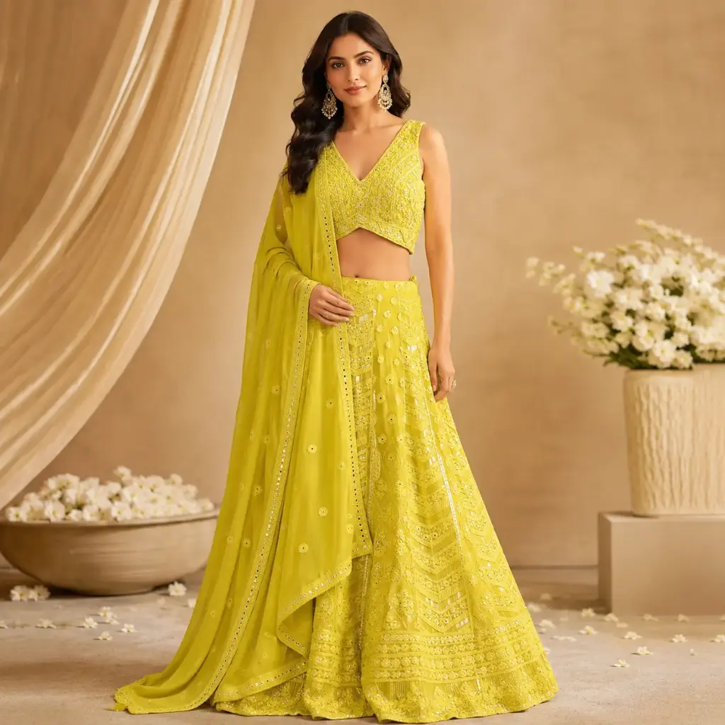Women’s Lime Green Embroidered Lehenga Choli Set with Dupatta, Mirror & Sequin Work, Sleeveless V-Neck Blouse