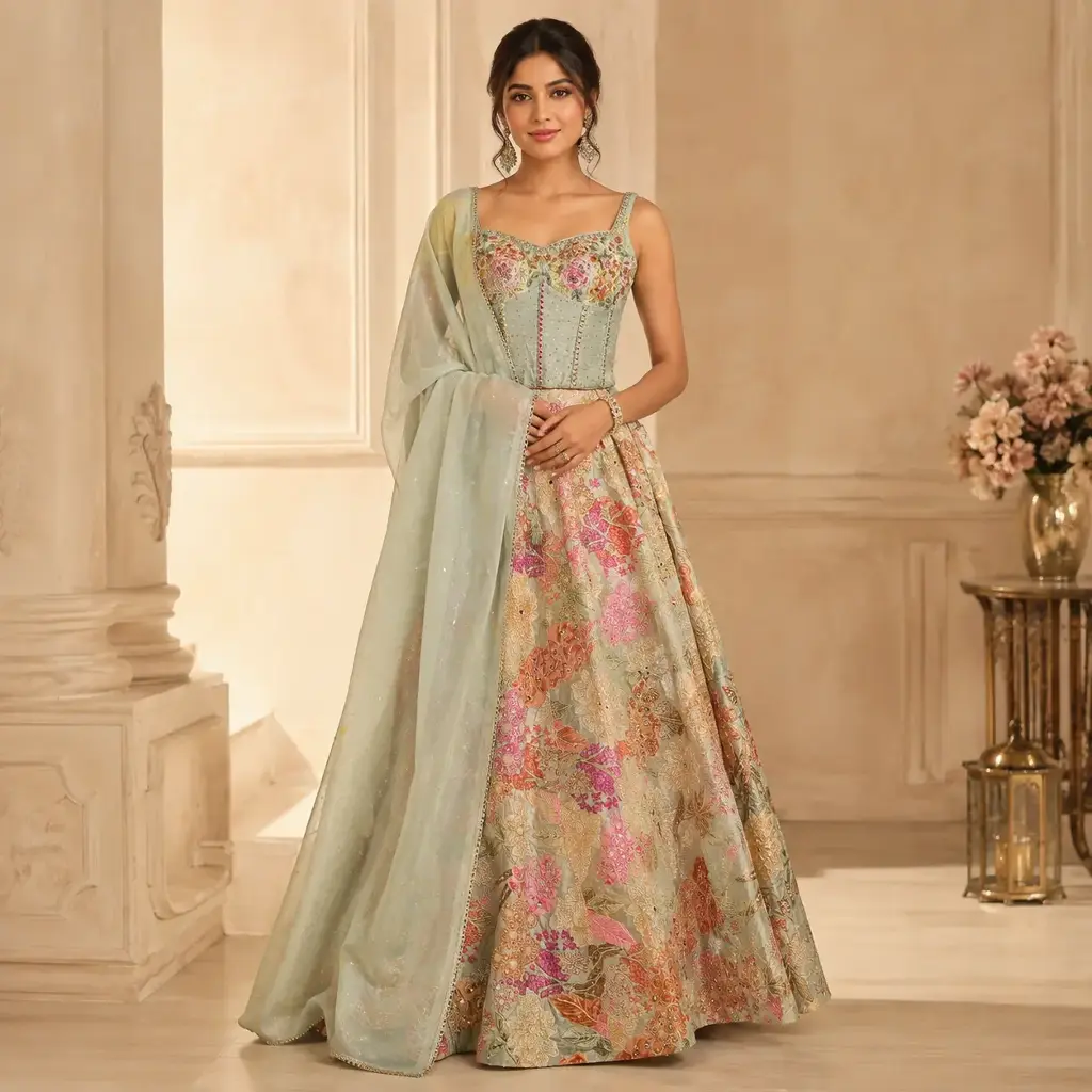 Women's Sage Green Floral Embroidered Lehenga Choli with Corset Blouse and Dupatta