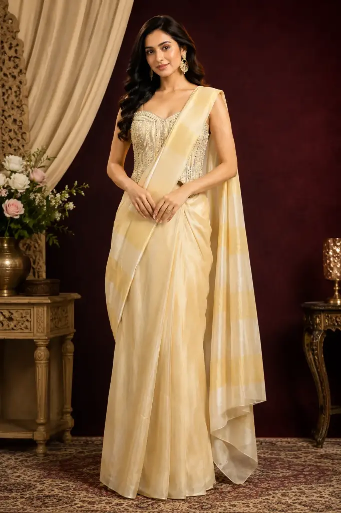 Elegant Cream Gold Designer Saree with Embellished Corset Blouse, Luxe Draped Saree Set for Women, Party n Wedding Wear