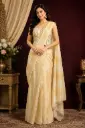 Elegant Cream Gold Designer Saree with Embellished Corset Blouse, Luxe Draped Saree Set for Women, Party n Wedding Wear