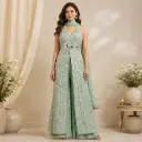 Women’s Sea Green Embroidered Indo-Western Backless Top with Flared Palazzo and Dupatta Set