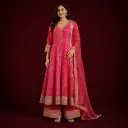Pink Printed Anarkali Kurta Palazzo Set with Gold Embroidered Borders, 3/4 Sleeves n Sheer Dupatta