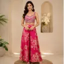Women’s Pink Embroidered Crop Top with Flared Palazzo, Designer Ethnic Set for Wedding, Festive, Sangeet, Party n Celebration Wear