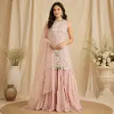 Women’s Blush Pink Embroidered Indo-Western Sleeveless Top with Flared Palazzo and Dupatta Set