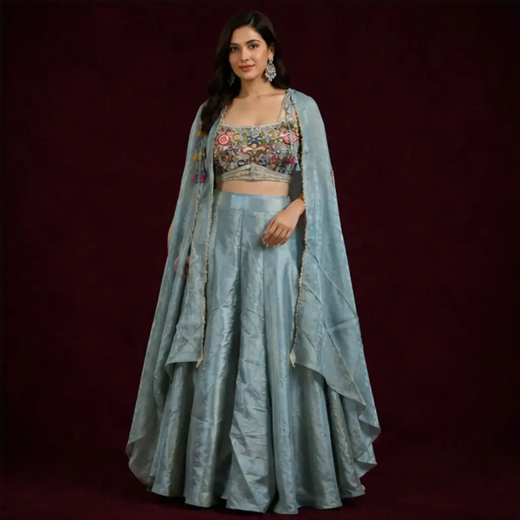 Sage Green Embroidered Crop Top n Palazzo Set with Sheer Long Shrug