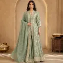 Sage Green Embroidered Long Kurti with Gold Border,Designer Indo-Western Ethnic Wear for Women