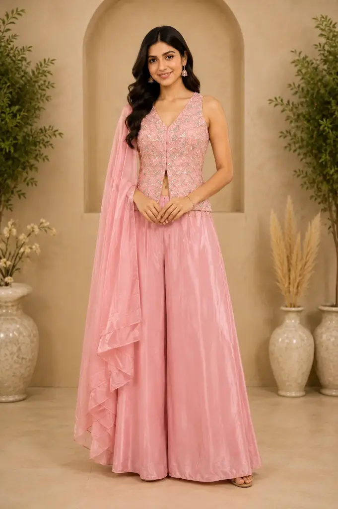Peach Pink Embroidered Indo-Western Kurta Palazzo Set with Dupatta, Designer Party Wear Ethnic Outfit for Women
