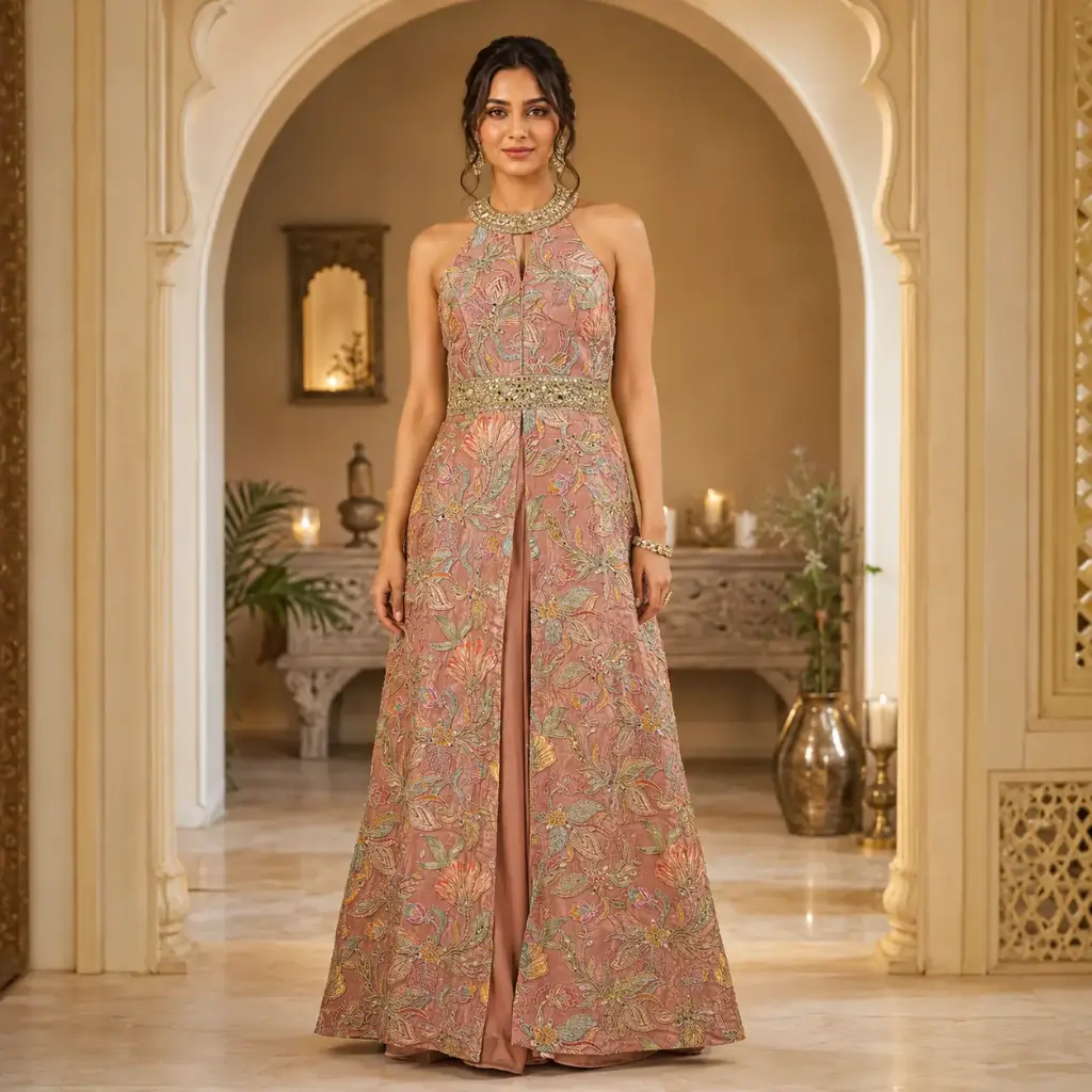 Peach Floral Embroidered Palazzo Set with Halter Neck Top n Dupatta,Designer Indo-Western Party Wear for Women
