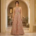Peach Floral Embroidered Palazzo Set with Halter Neck Top n Dupatta,Designer Indo-Western Party Wear for Women