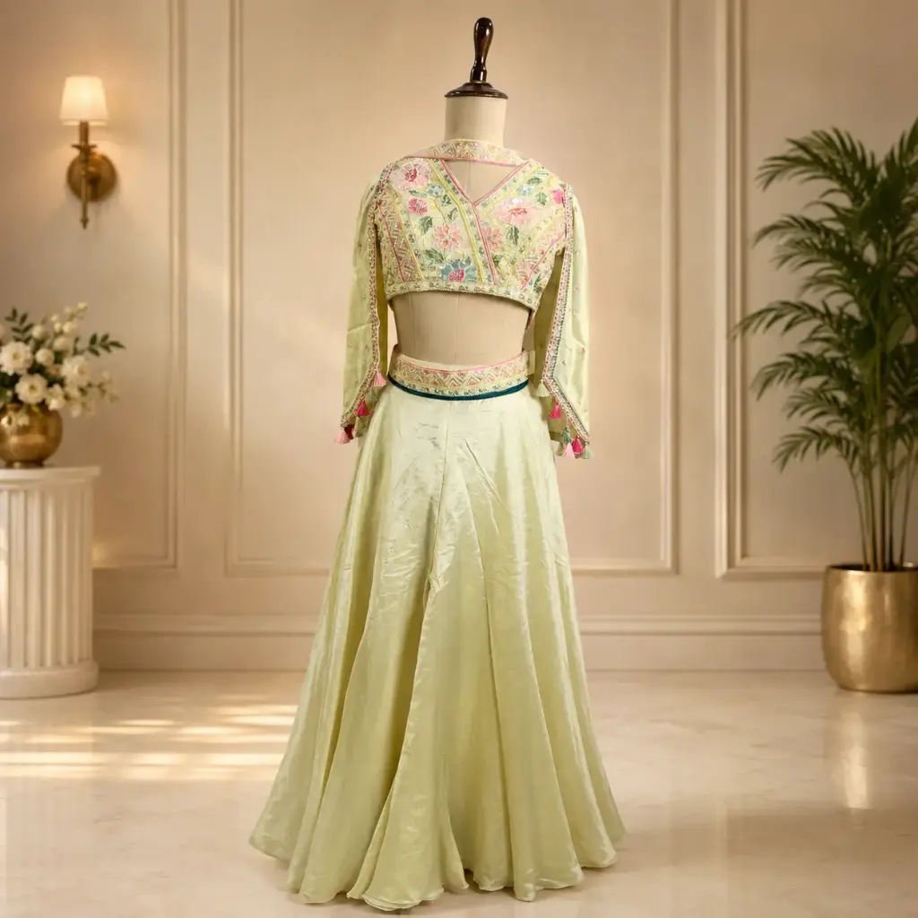 Pastel Yellow Embroidered Lehenga Set with Floral Crop Top n Dupatta