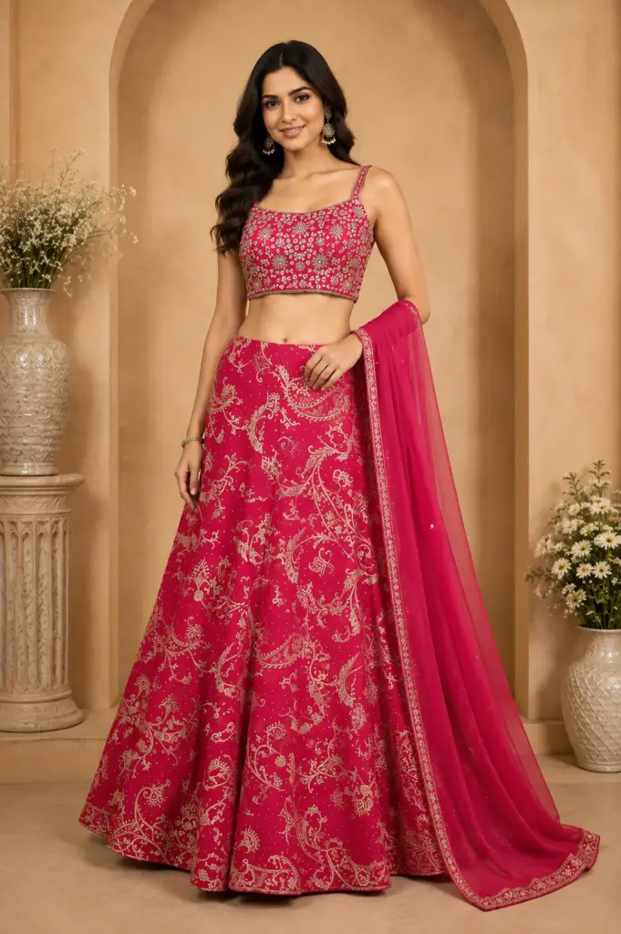 Pink Designer Crop Top Blouse with Palazzo n Dupatta Set, Heavy Embroidery and Gold Floral Prints for Wedding