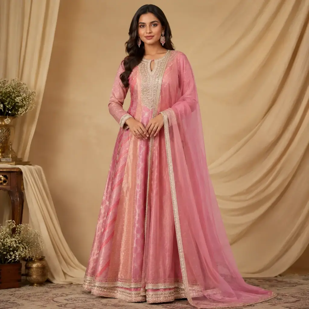 Women’s Pink Embellished Anarkali Gown with Dupatta, Heavy Neck Work, 3/4 Sleeves