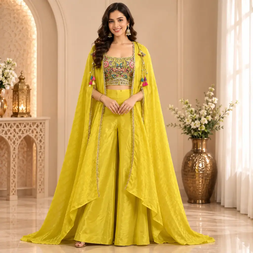 Women’s Yellow Embroidered Crop Top Palazzo Set with Long Cape Dupatta, Designer Festive Ethnic Wear for Wedding n Party Occasions