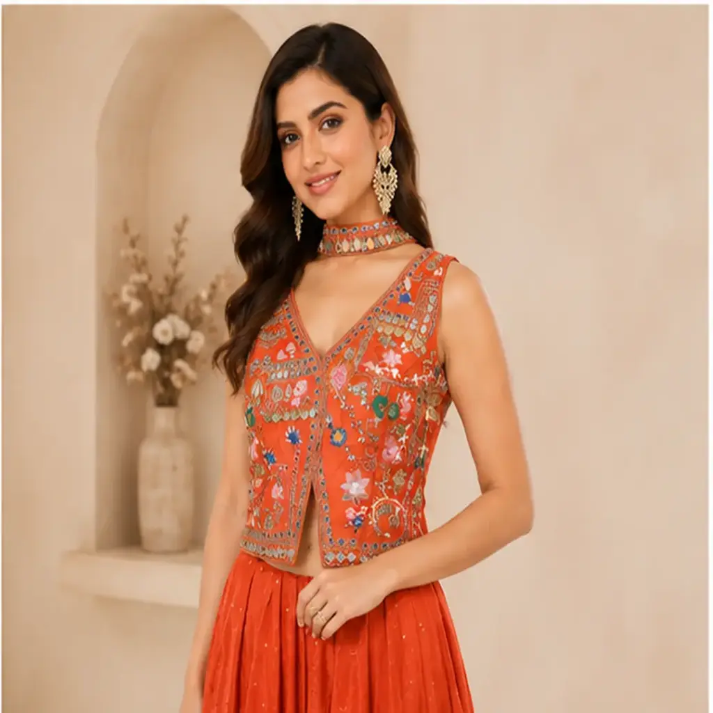 Women’s Orange Embroidered Crop Top with Flared Palazzo Pants n Choker, Designer Ethnic Co-Ord Set for Festive n Wedding Wear