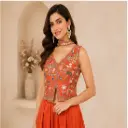 Women’s Orange Embroidered Crop Top with Flared Palazzo Pants n Choker, Designer Ethnic Co-Ord Set for Festive n Wedding Wear