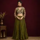 Women’s Olive Green Embroidered Crop Top with Flared Palazzo n Dupatta, Designer Ethnic Set for Wedding