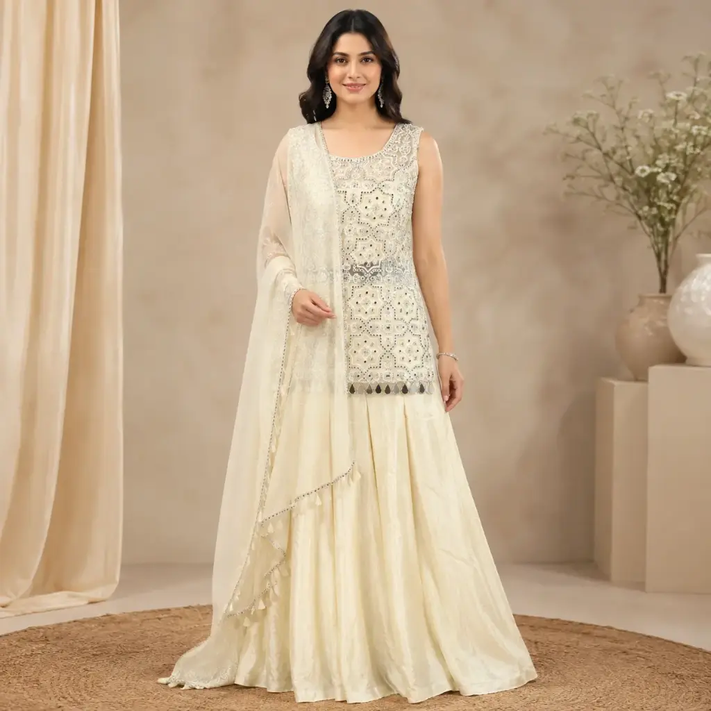 Women’s Ivory Embroidered Indo-Western Sleeveless Top with Flared Palazzo and Dupatta Set