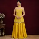 Women’s Yellow Embellished Crop Top with Flared Palazzo, Designer Ethnic Set for Wedding, Festive, Sangeet n Party Wear