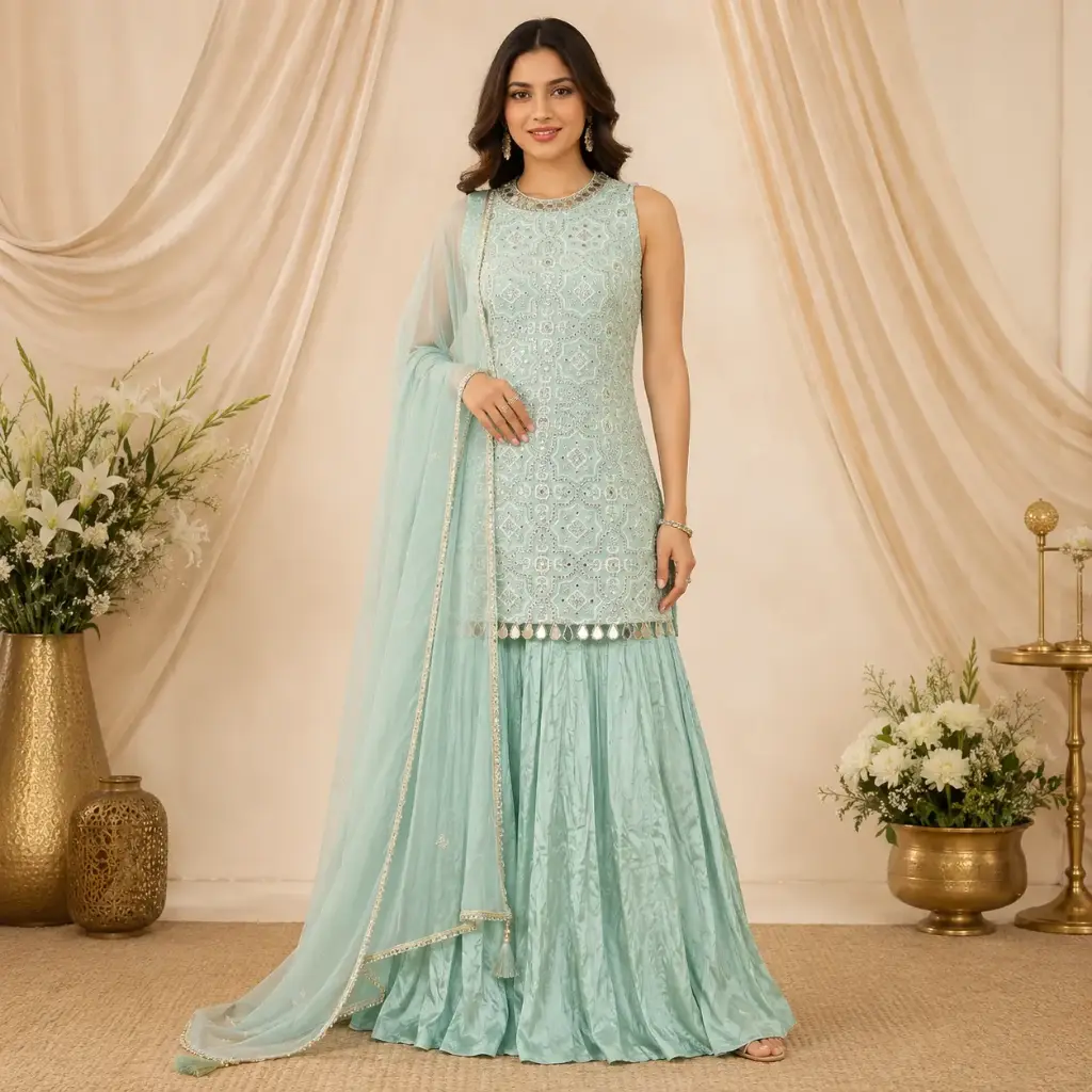 Women’s Aqua Blue Embroidered Indo-Western Sleeveless Top with Flared Palazzo and Dupatta Set