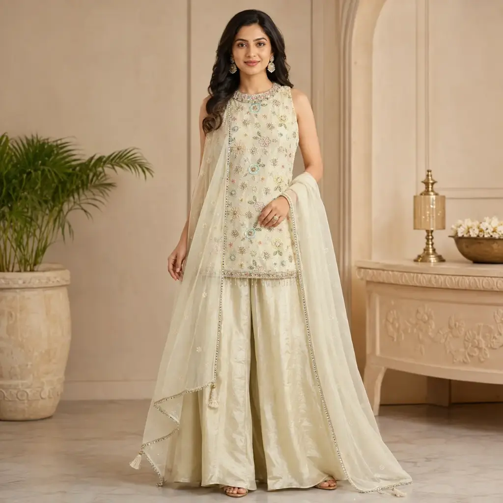 Ivory Floral Embroidered Indo-Western Palazzo Set with Dupatta