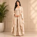 Champagne Cream Embellished Crop Top Sharara Set with Flowing Cape Jacket
