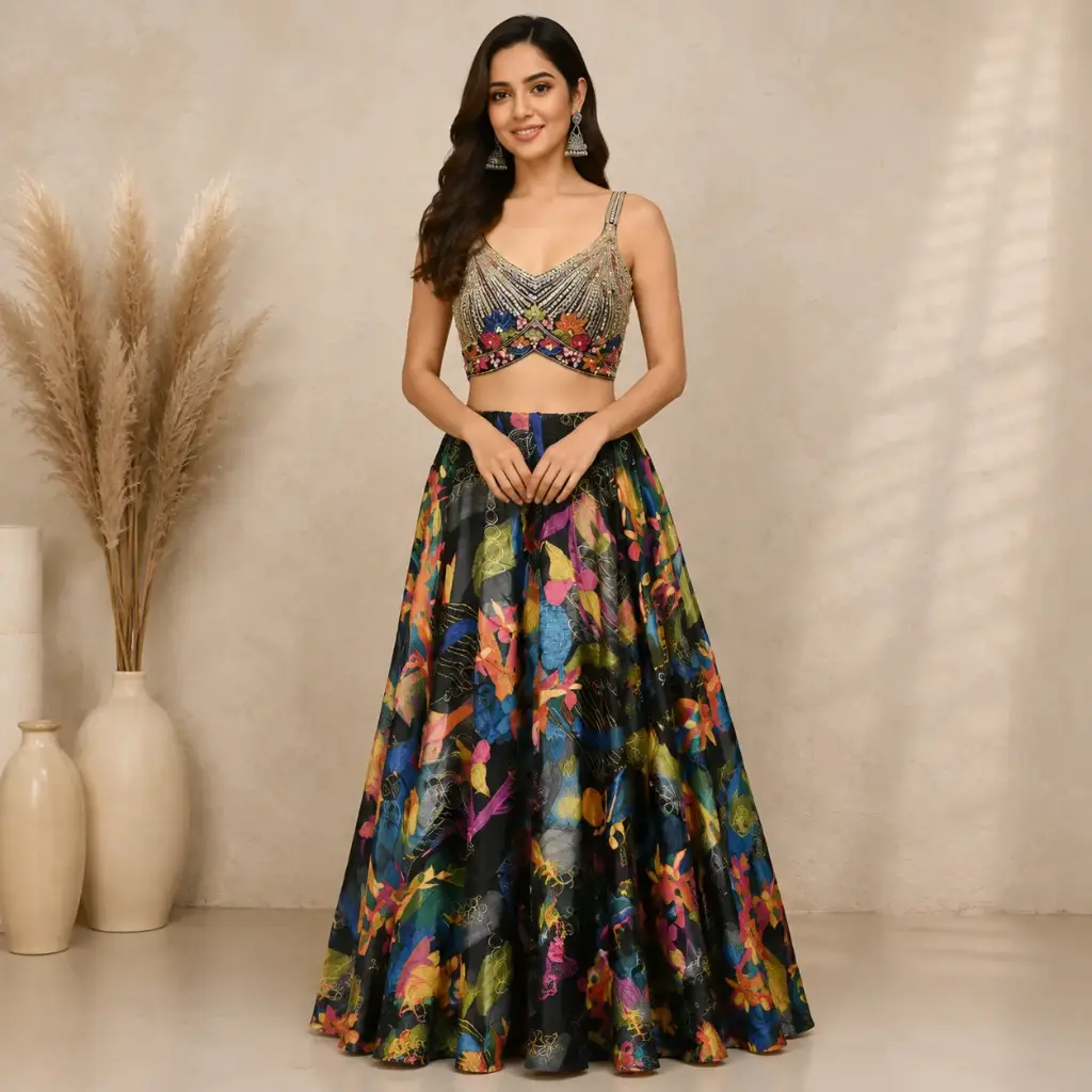 Multicolor Designer Crop Top n Flared Lehenga Skirt Set with Embellished Blouse, Vibrant Indo-Western Party Wear for Women