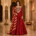 Women's Red Embroidered Long Gown with Striped Dupatta for Weddings