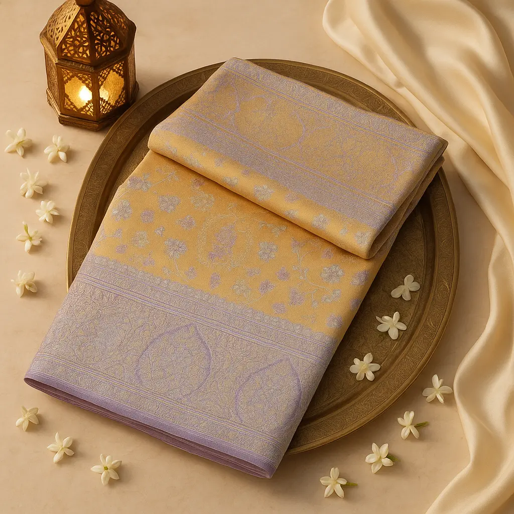 Exquisite Peach and Purple Banarasi Silk Designer Saree