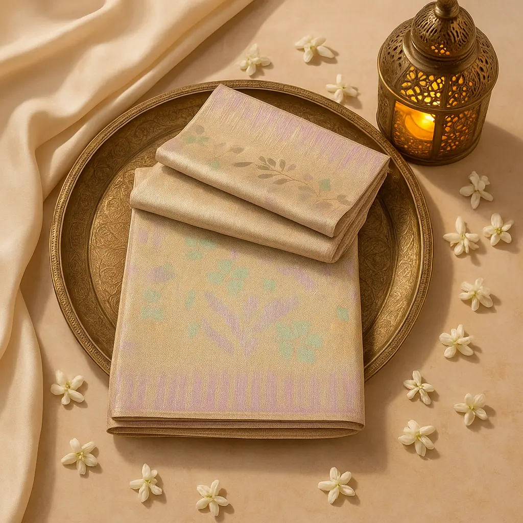 Elegant Champagne Floral Designer Saree with Intricate Zari Weave