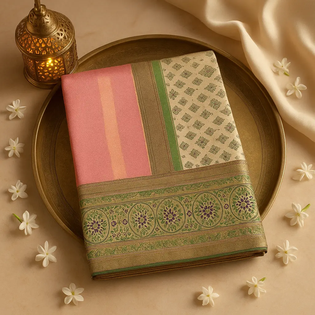 Exquisite Pastel Pink Banarasi Silk Saree With Intricate Zari Border