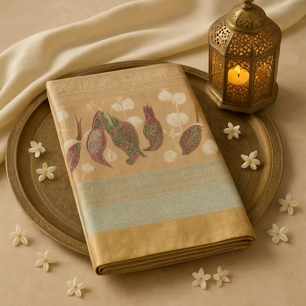 Exquisite Beige Handwoven Silk Saree with Traditional Bird Motifs 