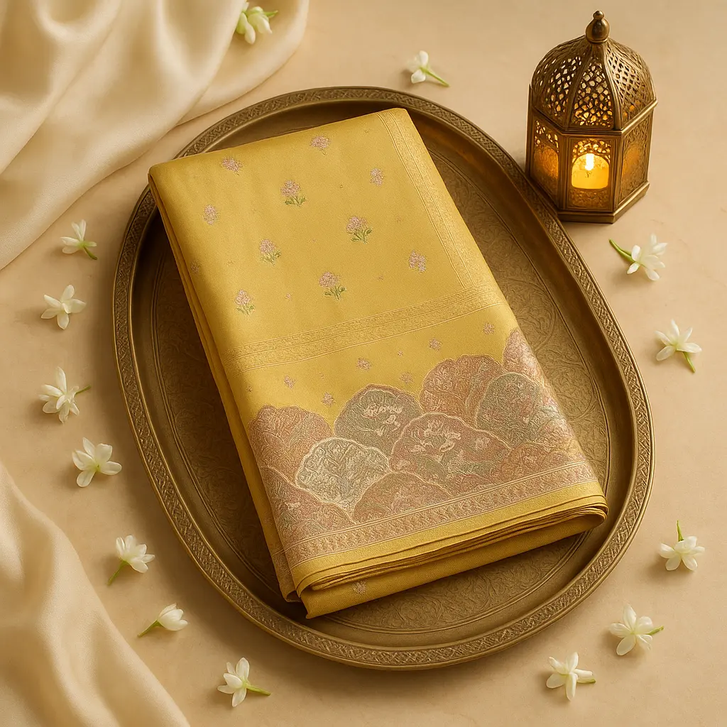 Exquisite Golden Silk Saree with Intricate Wildlife Floral Border