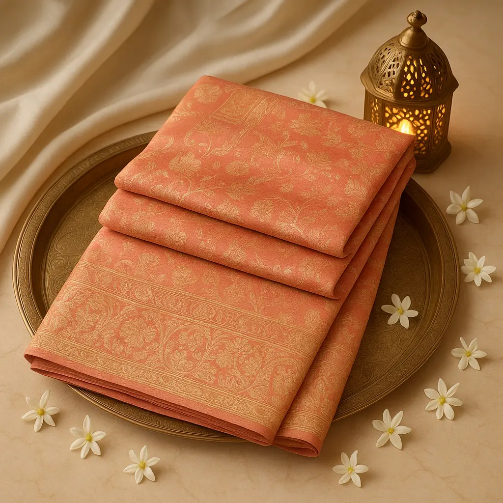 Exquisite Peach Banarasi Silk Saree with Intricate Zari Border