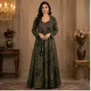 Women’s Green Printed Long Gown with Matching Jacket, Elegant Ethnic Party Wear for Wedding