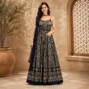 Women’s Navy Blue Printed Gown with Matching Dupatta, Embellished Bodice and Flowing Floor-Length Silhouette for Wedding