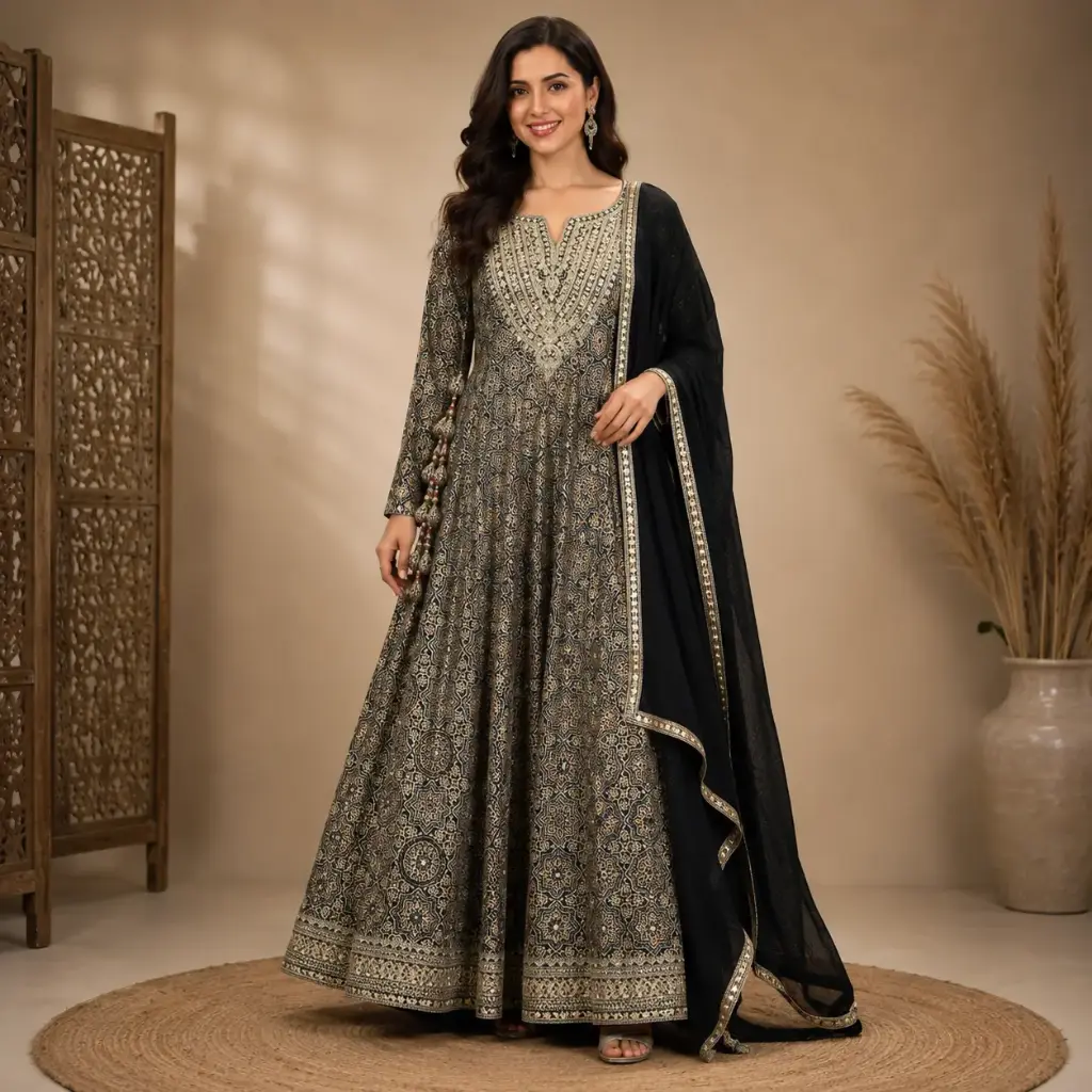 Women’s Black Printed Long Gown with Dupatta and Gold Detailing, Elegant Ethnic Party Wear for Wedding