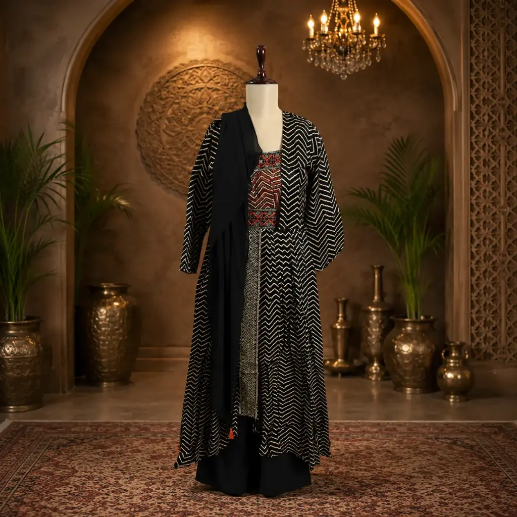 Women’s Black Printed Gown with Matching Dupatta n Jacket, Stylish Chevron Pattern, Flared Floor-Length Silhouette for Wedding