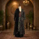 Women’s Black Printed Gown with Matching Dupatta n Jacket, Stylish Chevron Pattern, Flared Floor-Length Silhouette for Wedding
